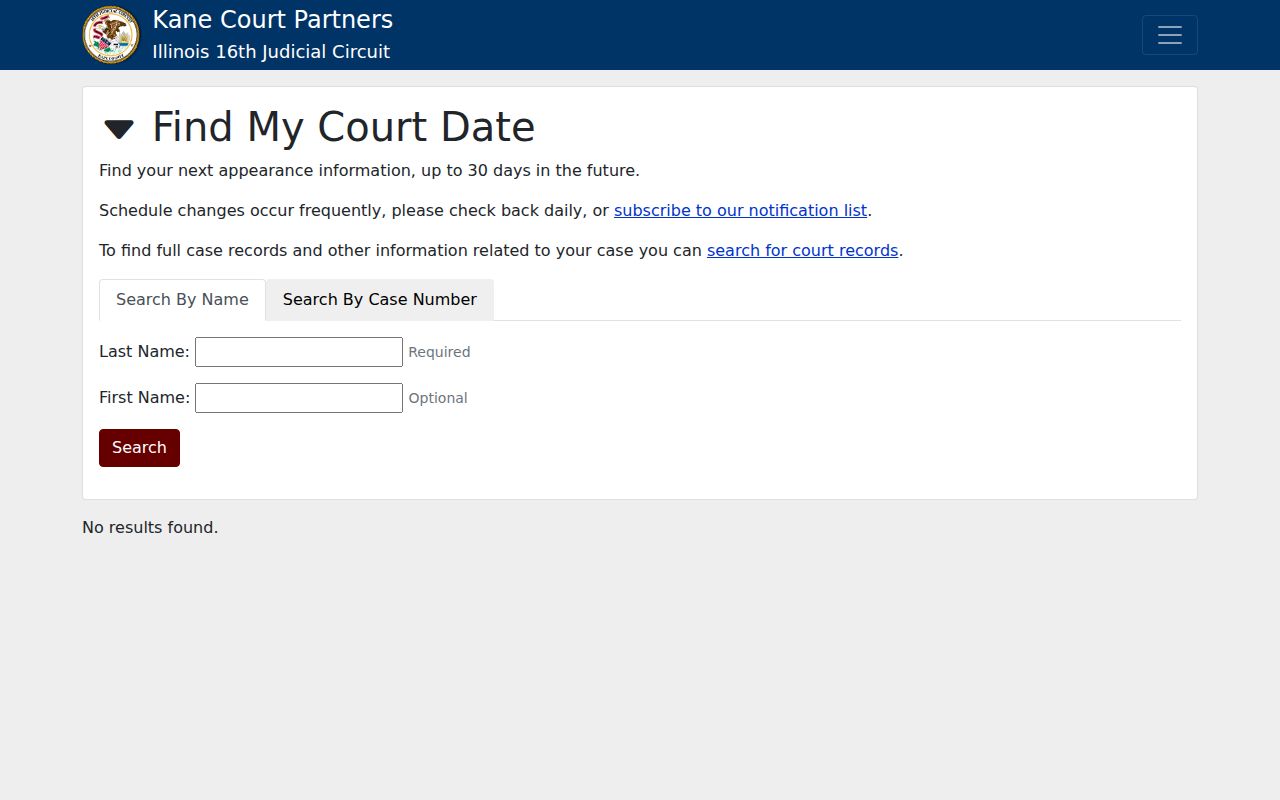 Kane County court-date search showing a limited court lookup rather than a neighbor directory