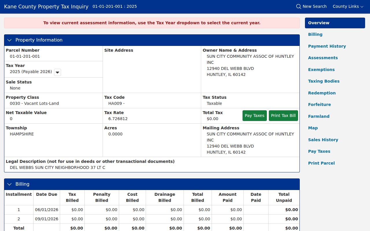 Huntley resident lookup Kane sample parcel fields